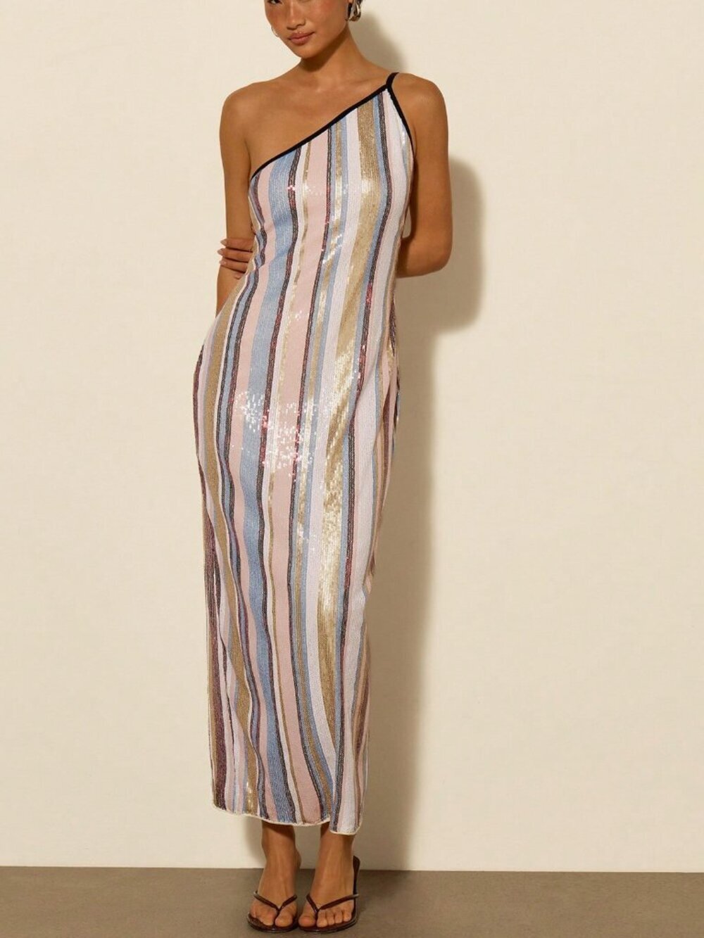 Elegant Women's Asymmetric Neck Jacquard Sequin Maxi Beach Party Dress